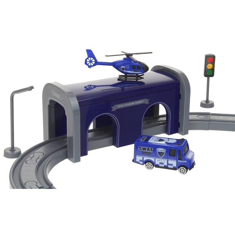 Set Trenulet de Jucarie, PoliceTrain, Locomotiva Electrica, Include Masina de Politie si Elicopter, cu Semne de Circulatie si Politist, 66 Piese, Albastru