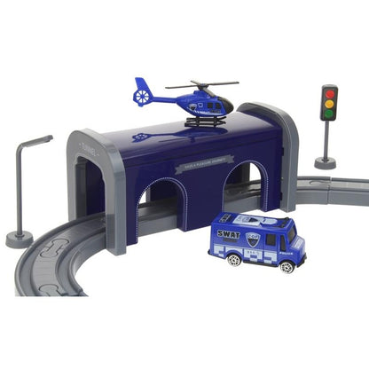 Set Trenulet de Jucarie, PoliceTrain, Locomotiva Electrica, Include Masina de Politie si Elicopter, cu Semne de Circulatie si Politist, 66 Piese, Albastru