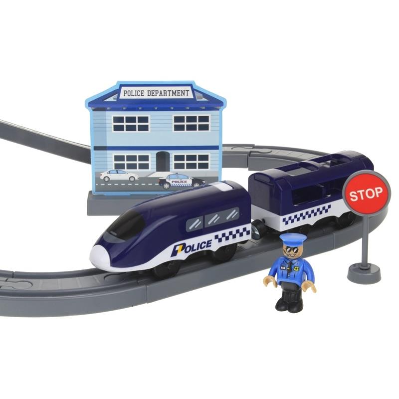 Set Trenulet de Jucarie, PoliceTrain, Locomotiva Electrica, Include Masina de Politie si Elicopter, cu Semne de Circulatie si Politist, 66 Piese, Albastru