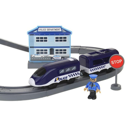 Set Trenulet de Jucarie, PoliceTrain, Locomotiva Electrica, Include Masina de Politie si Elicopter, cu Semne de Circulatie si Politist, 66 Piese, Albastru