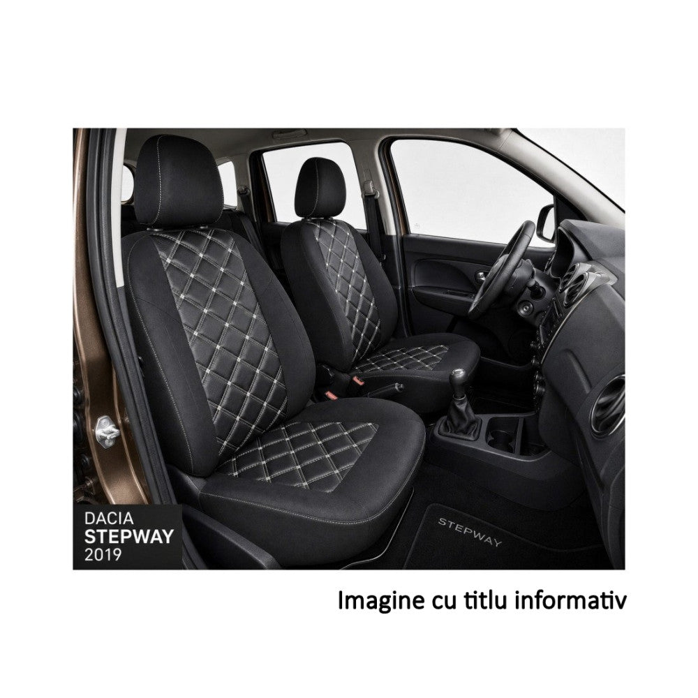 Huse Scaune Auto idealSTORE compatibile Dacia Sandero Stepway II 2019->, Spatar Bancheta Fractionat, Material Premium, Imitatie Piele, Model Romb
