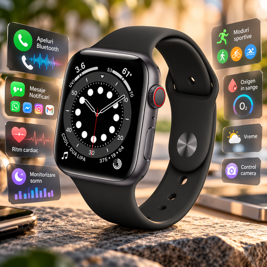 Smartwatch idealStore I Watch S6, Ecran Complet Tactil, Ecran Curbat 2.5D, Functie de Apel, Difuzor si Microfon incorporat, Functie Multi-Sport, Senzor ritm Cardiac, Pedometru, Monitor de Somn, Culoare Negru