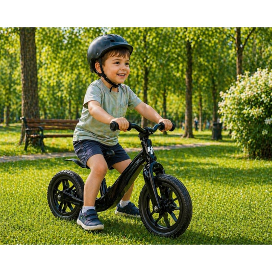 Bicicleta de echilibru fara pedale IdealStore cu roti EVA si cadru din magneziu negru