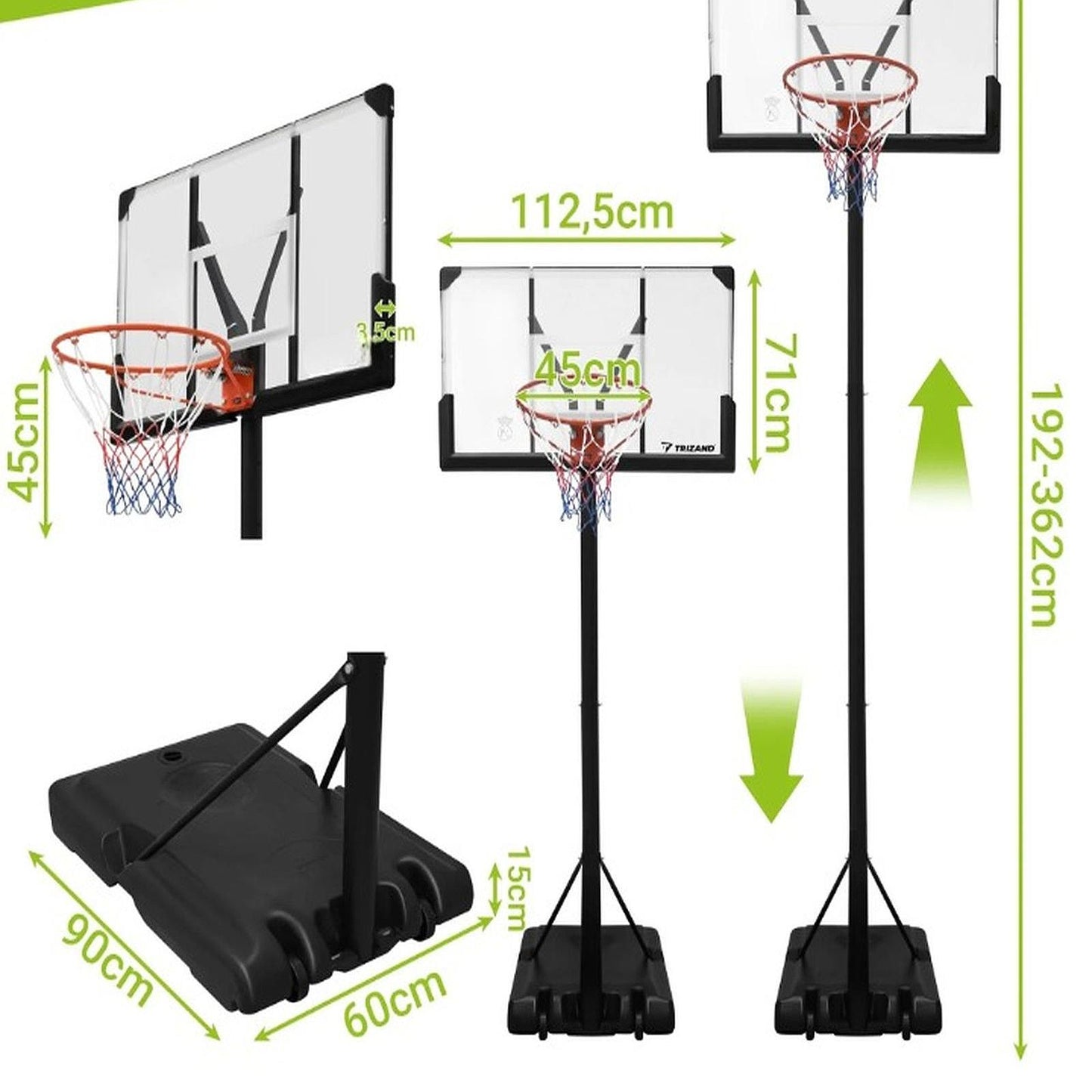 Cos de baschet SuperBoom idealSTORE, Structura solida din otel, Dimensiune reglabila 135-305cm