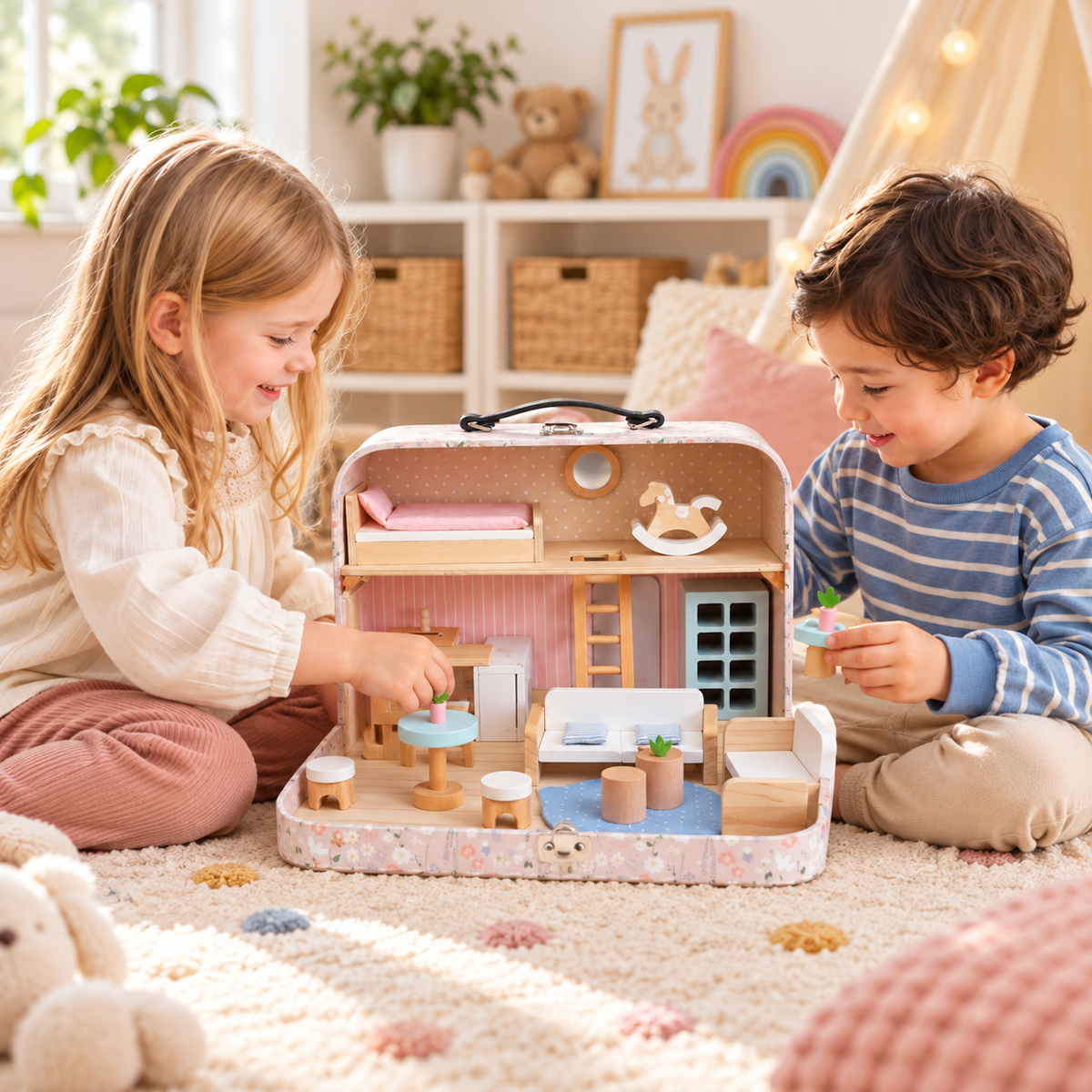 Casuta de papusi tip valiza pliabila din lemn idealSTORE, cu 2 etaje, mobilier si accesorii miniaturale