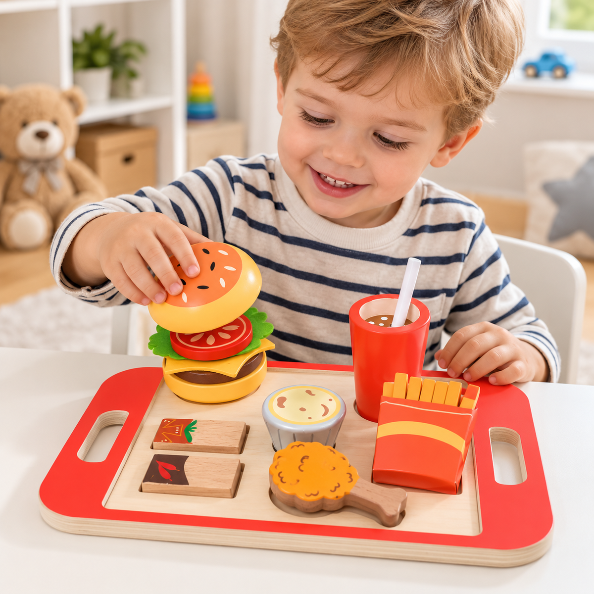 Set de joaca BurgerFood idealSTORE, Burger cu ingrediente detasabile din lemn, Stimuleaza creativitate