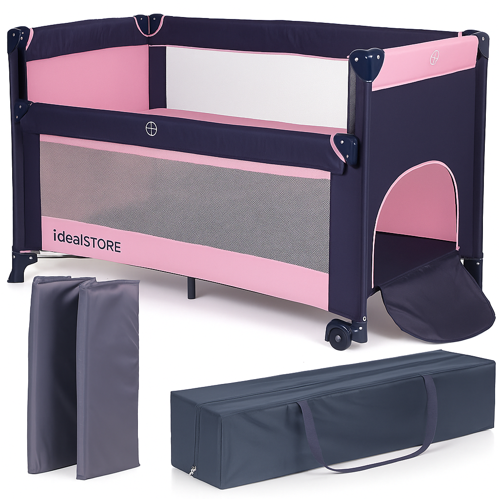 Patut Turistic Pliabil idealSTORE, Solid, Doua Etaje, Roti, Saltea Moale Pliabila, Geanta Transport