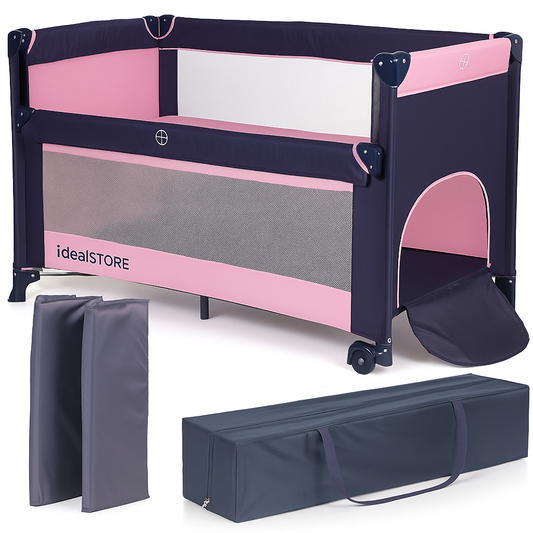 Patut Turistic Pliabil idealSTORE, Solid, Doua Etaje, Roti, Saltea Moale Pliabila, Geanta Transport