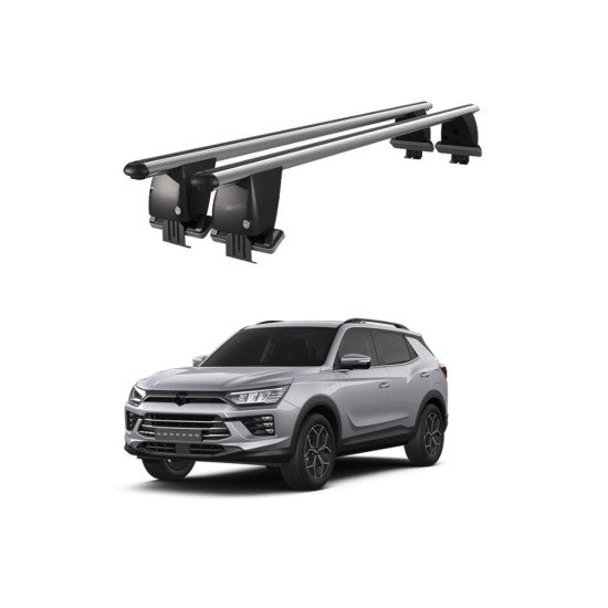 Bare transversale portbagaj auto SsangYong Korando 2019+ idealSTORE, plafon neted, aluminiu, argintiu, blocare cu cheie