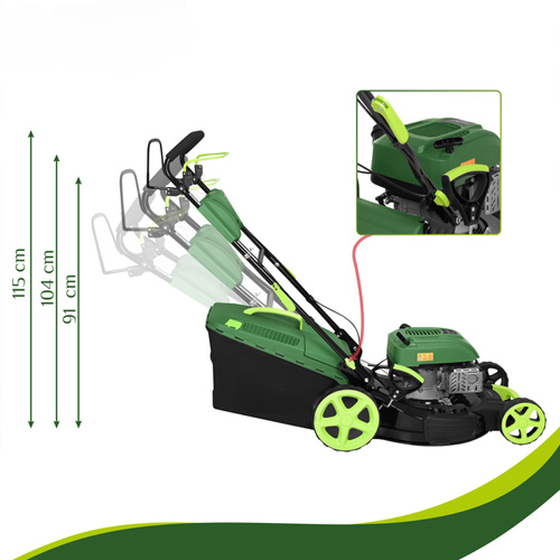 Masina de tuns gazonul pe benzina DriveXPro idealSTORE, Pornire manuala, Are 8 trepte de reglare, Autotractare 5.5 CP, Cos colector pentru iarba 60L, Latime taiere 508mm, Pornire usoara si utilizare simpla
