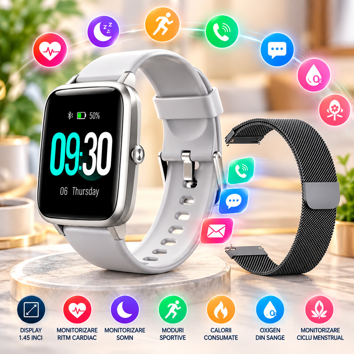 Ceas SmartWatch si Bratara Fitness IdealSTORE Tiger 70, Bratari de silicon si metal, Display de 1.45 inci, Design placut potrivit oricaror ocazii, Numeroase functii ce masoara pulsul si perioadele de sedentarism dar si timpul petrecut activ, Gri