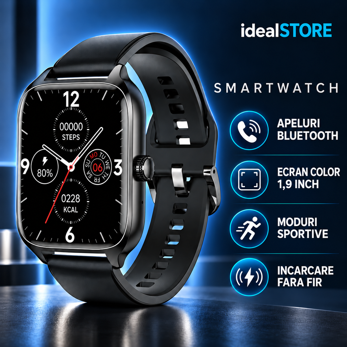 SmartWatch idealStore XiaBest, Apel Bluetooth, NFC, Asistent Vocal, urmarire GPS, Moduri sportive, Senzor Oxigen Caldura, Incarcare fara Fir, Frecventa Cardiaca, Tensiune Arteriala, Parola, Memento Menstrual, Curea Neagra din Silicon