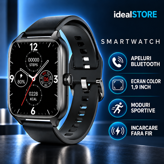 SmartWatch idealStore XiaBest, Apel Bluetooth, NFC, Asistent Vocal, urmarire GPS, Moduri sportive, Senzor Oxigen Caldura, Incarcare fara Fir, Frecventa Cardiaca, Tensiune Arteriala, Parola, Memento Menstrual, Curea Neagra din Silicon