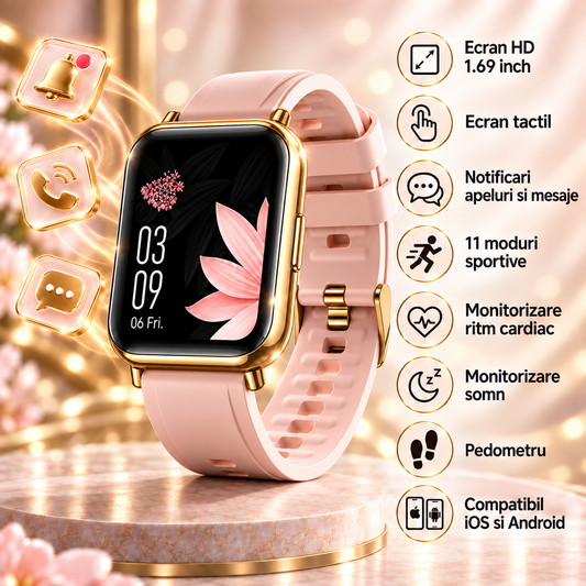 Ceas SmartWatch Saphir idealStore, Ecran HD 1.69 inch, Notificari Apeluri/Mesaje, Monitorizare Fitness, Ritm Cardiac si Tensiune Arteriala, Compatibil iOS/Android, Auriu