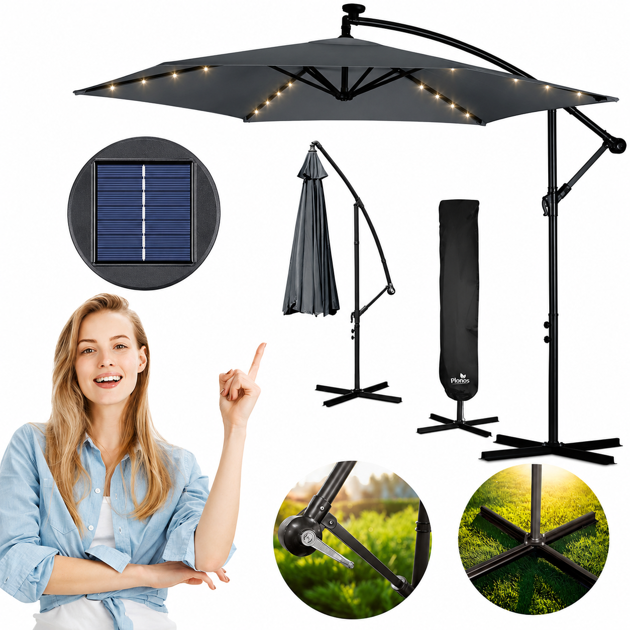 Umbrela de Gradina cu Lumini idealSTORE LightGarden, 24 de LED-uri incorporate, Deschidere 300 cm, Pliabila, Cadru Solid