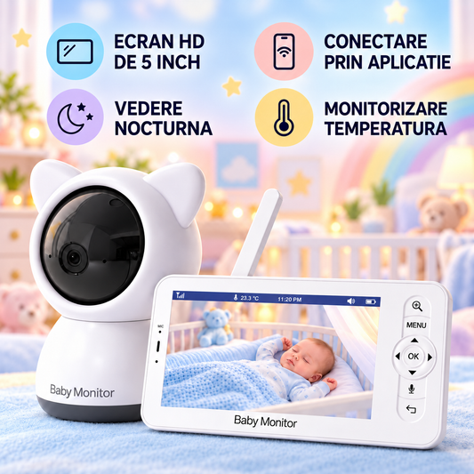 Baby Monitor IdealStore, Ecran HD de 5 inch, Monitorizare temperatura, Raza mare de actiune 300m