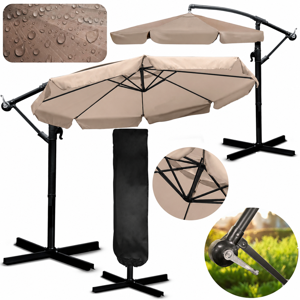 Umbrela de gradina si terasa reglabila idealSTORE, Dimensiune deschidere 3,5m, Structura metalica, Rezistenta Sporita (UV50+),Bej