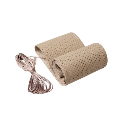 Husa volan auto idealSTORE, Piele Perforata, Model Premium, Contine Kit de Montaj Ac si Ata, Culoare Bej, Marime M 38 cm