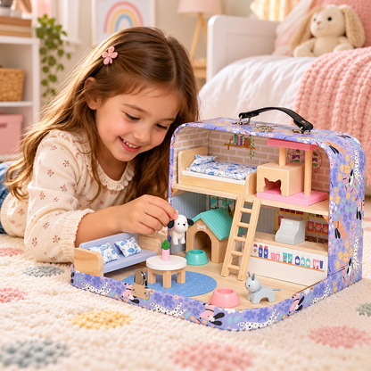 Casuta de papusi din lemn idealstore Pet House, tip valiza portabila si pliabila, cu 2 etaje, mobilier si accesorii miniaturale
