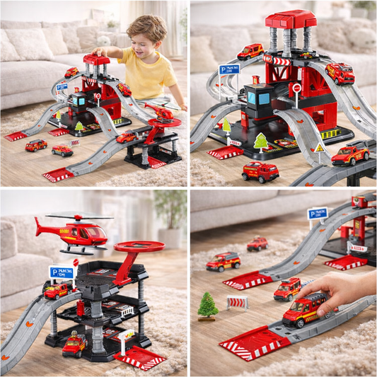 Set de Joaca Parcare Fire Station cu 3 Nivele, 6 Vehicule, Elicopter si Heliport