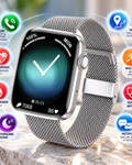 Smartwatch idealStore SportApple, Echipat cu Difuzor si Microfon, Efectuare Apeluri, Traseu GPS, mod multiSport, Senzor Ritm Cardiac, Tensiune, Nivel Oxigen, Ecran Curbat, Curea Metalica Silver