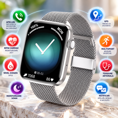 Smartwatch idealStore SportApple, Echipat cu Difuzor si Microfon, Efectuare Apeluri, Traseu GPS, mod multiSport, Senzor Ritm Cardiac, Tensiune, Nivel Oxigen, Ecran Curbat, Curea Metalica Silver