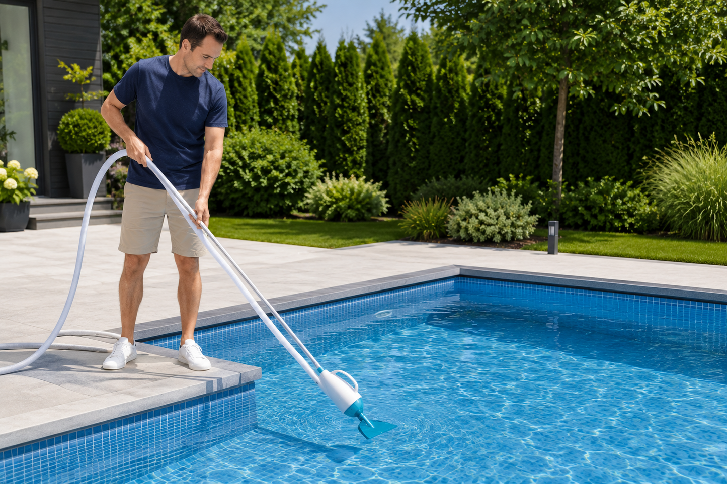 Set de curatare piscine manual PoolClean idealSTORE, Debit pompa filtrare 2006L/h, Lungime furtun aspirare 6m, Maner 1.9m