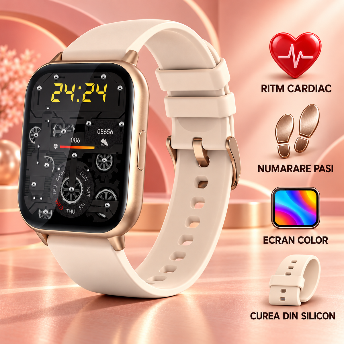 Smartwatch idealSTORE SaphirVision, Apel Bluetooth, Ecran HD Curbat 1,91 inchi, Monitorizare Fitness, Ritm Cardiac si Tensiune Arteriala, Compatibil iOS/Android, Gold
