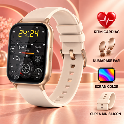Smartwatch idealSTORE SaphirVision, Apel Bluetooth, Ecran HD Curbat 1,91 inchi, Monitorizare Fitness, Ritm Cardiac si Tensiune Arteriala, Compatibil iOS/Android, Gold
