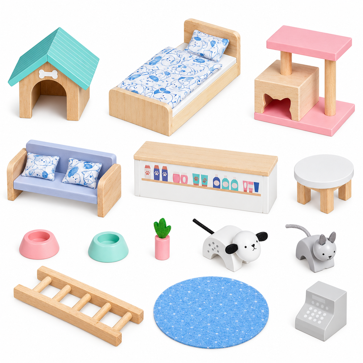 Casuta de papusi din lemn idealstore Pet House, tip valiza portabila si pliabila, cu 2 etaje, mobilier si accesorii miniaturale