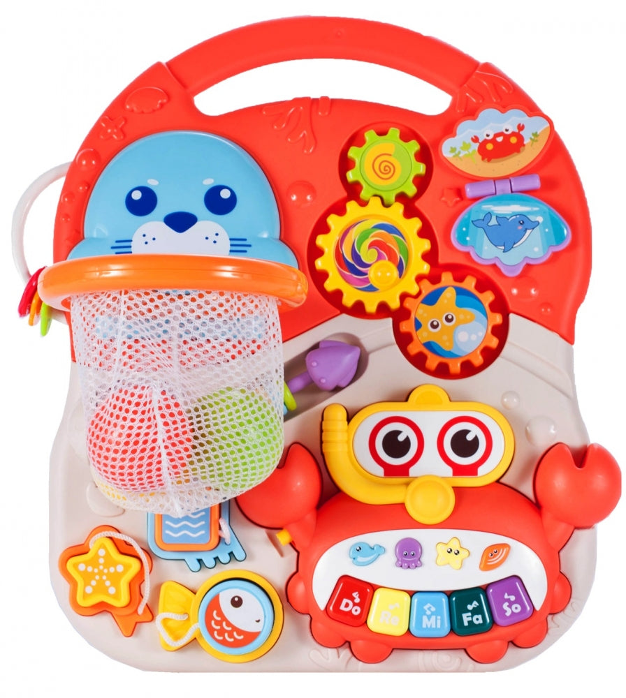 Antemergator Interactiv 5 in 1 Salamandra Kids, cu Centru de Activitati si Joaca, Masuta Educativa, Pian Detasabil, Cos de Bascket, Forme Geomatrice, Portocaliu