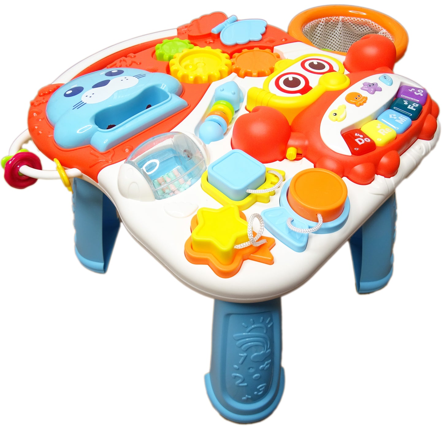 Antemergator Interactiv 5 in 1 Salamandra Kids, cu Centru de Activitati si Joaca, Masuta Educativa, Pian Detasabil, Cos de Bascket, Forme Geomatrice, Portocaliu