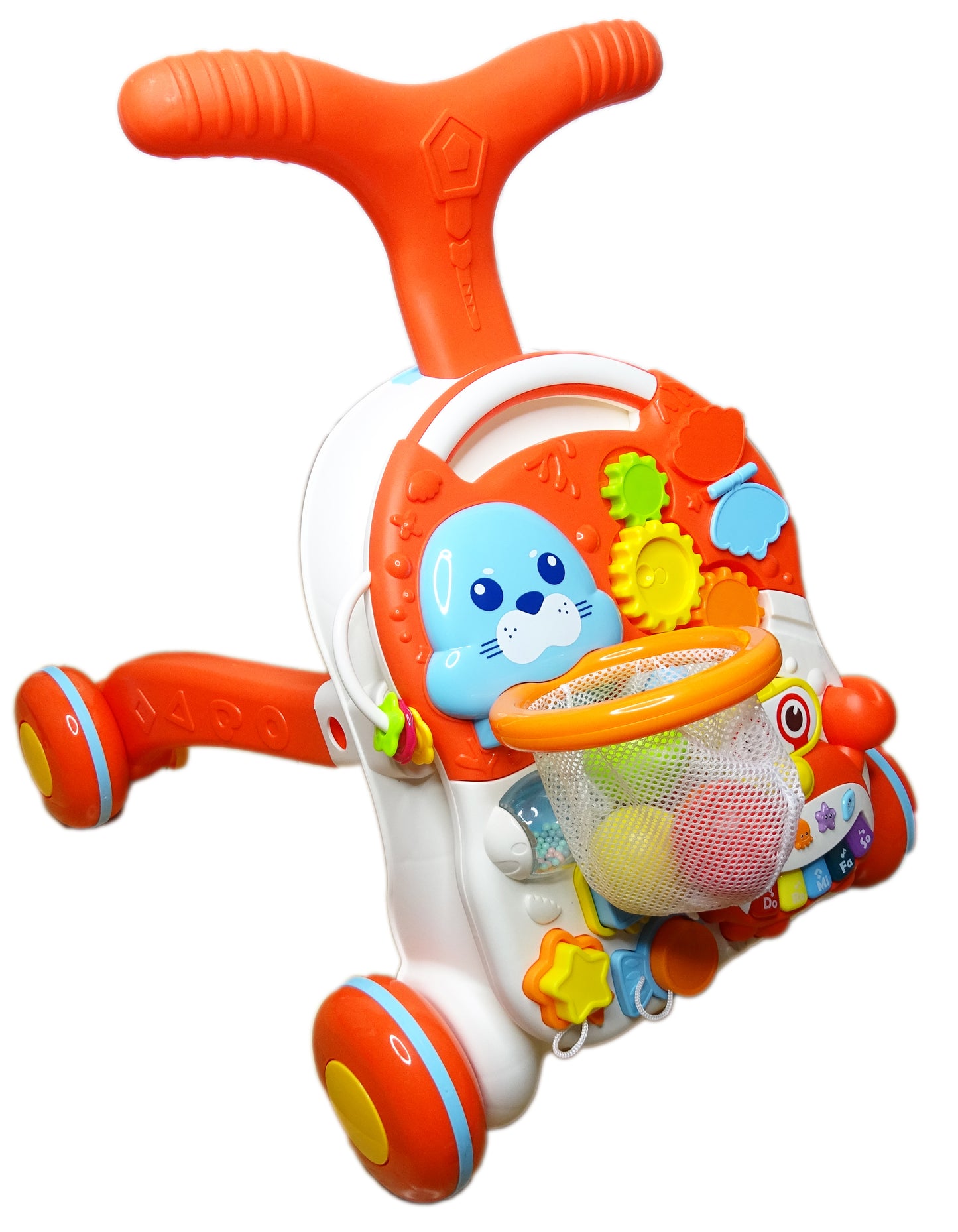 Antemergator Interactiv 5 in 1 Salamandra Kids, cu Centru de Activitati si Joaca, Masuta Educativa, Pian Detasabil, Cos de Bascket, Forme Geomatrice, Portocaliu