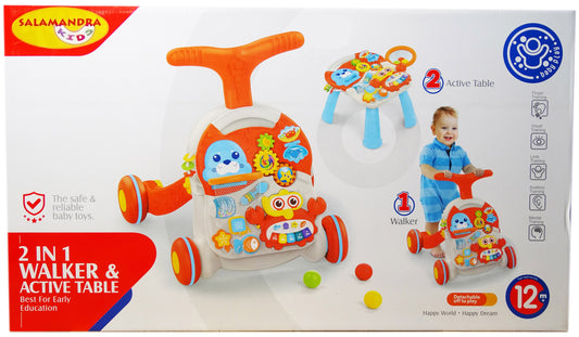 Antemergator Interactiv 5 in 1 Salamandra Kids, cu Centru de Activitati si Joaca, Masuta Educativa, Pian Detasabil, Cos de Bascket, Forme Geomatrice, Portocaliu