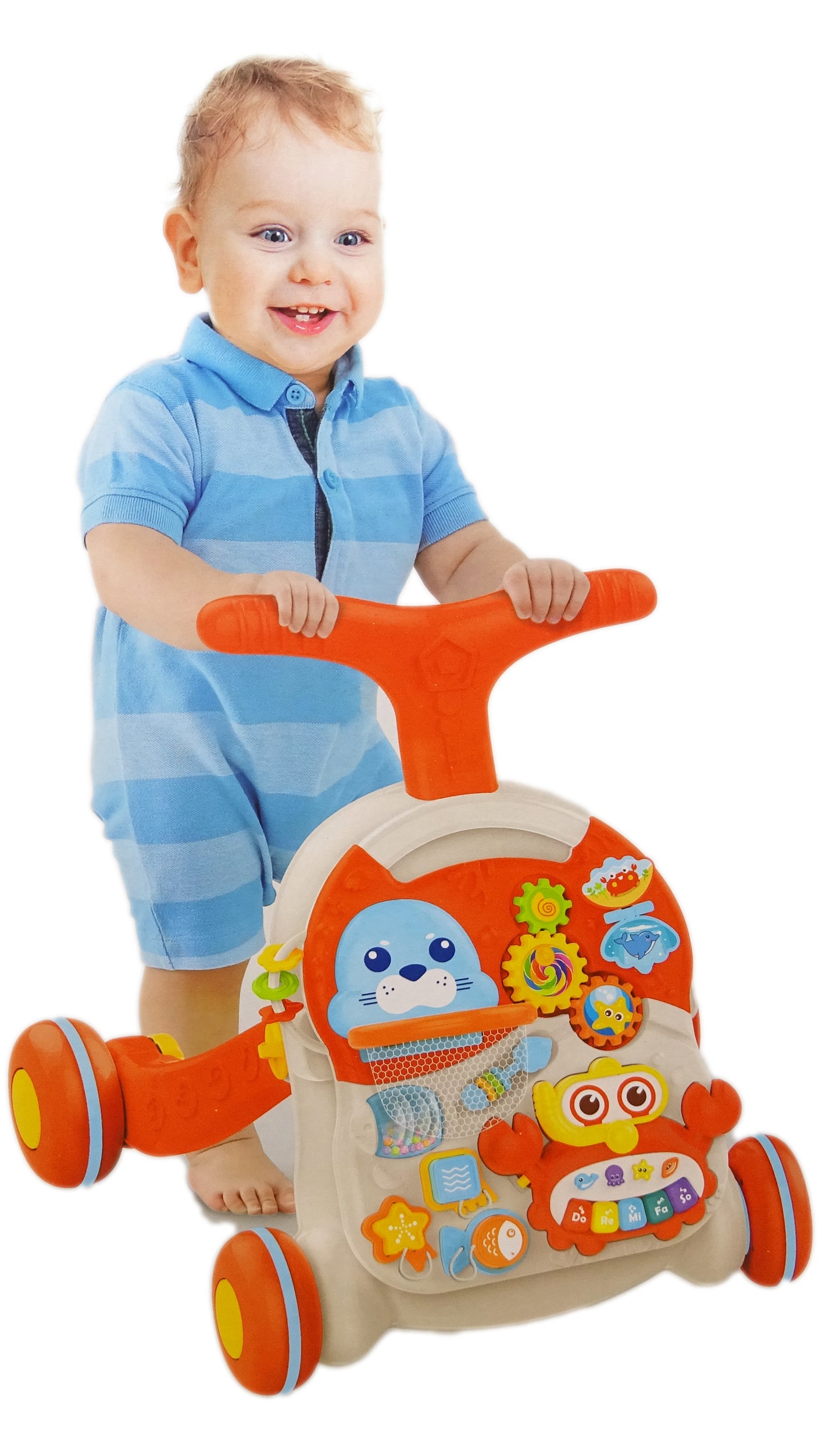 Antemergator Interactiv 5 in 1 Salamandra Kids, cu Centru de Activitati si Joaca, Masuta Educativa, Pian Detasabil, Cos de Bascket, Forme Geomatrice, Portocaliu