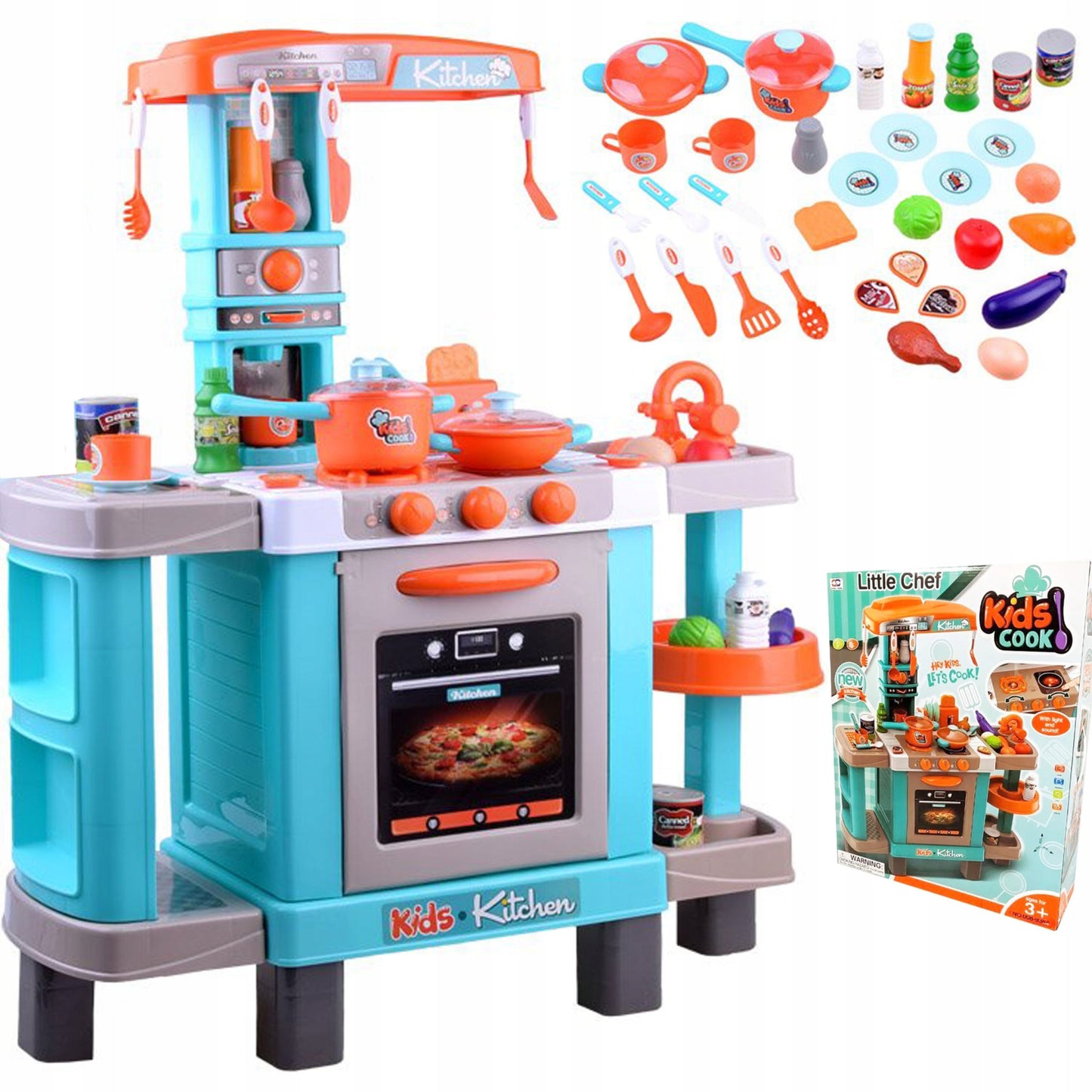 Set bucatarie copii, Aragaz, 46 Piese, Plastic, Albastru