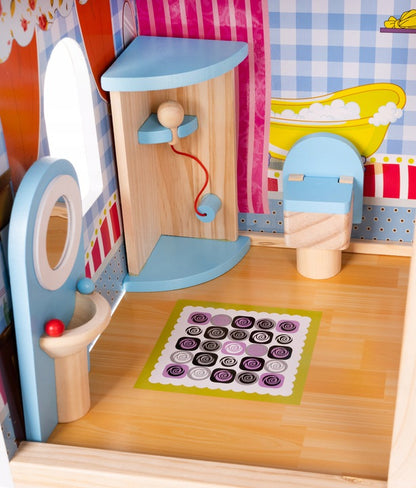 Casuta pentru Papusi XXL din Lemn Natural fara margini, 'Happy House', pe 3 Etaje, 5 Camere,Balcon, Multiple Piese de Mobilier si 4 Figurine Incluse, 90 CM Inaltime, Iluminare LED