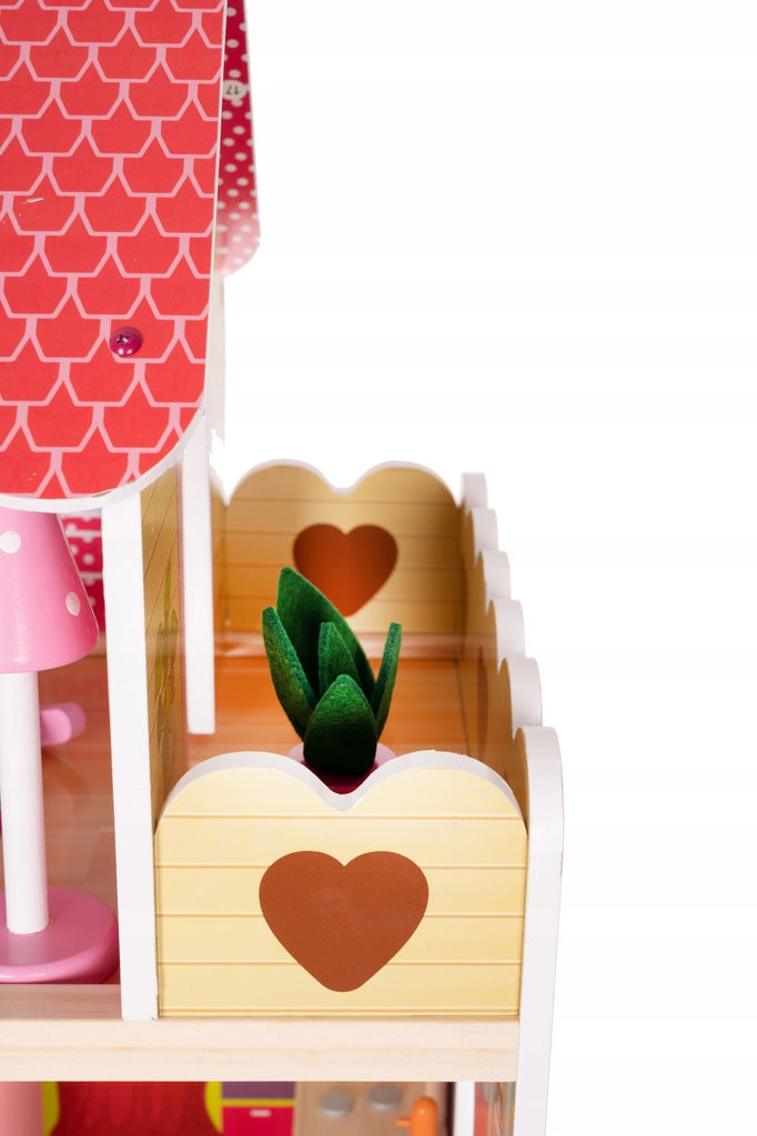 Casuta pentru Papusi XXL din Lemn Natural fara margini, 'Happy House', pe 3 Etaje, 5 Camere,Balcon, Multiple Piese de Mobilier si 4 Figurine Incluse, 90 CM Inaltime, Iluminare LED