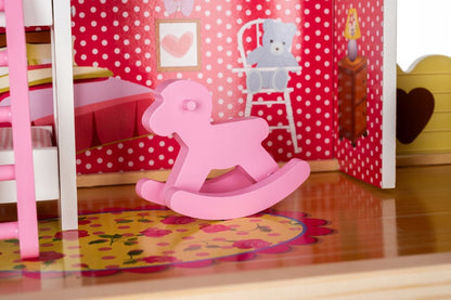 Casuta pentru Papusi XXL din Lemn Natural fara margini, 'Happy House', pe 3 Etaje, 5 Camere,Balcon, Multiple Piese de Mobilier si 4 Figurine Incluse, 90 CM Inaltime, Iluminare LED