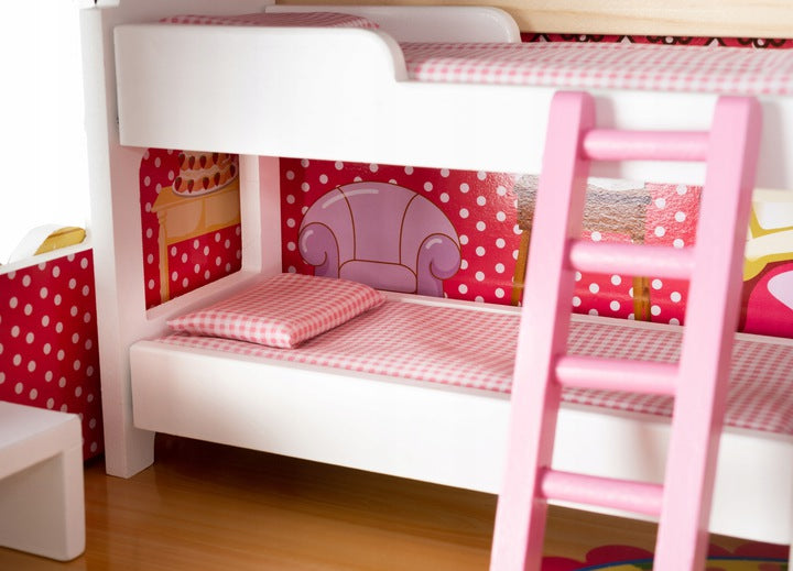 Casuta pentru Papusi XXL din Lemn Natural fara margini, 'Happy House', pe 3 Etaje, 5 Camere,Balcon, Multiple Piese de Mobilier si 4 Figurine Incluse, 90 CM Inaltime, Iluminare LED