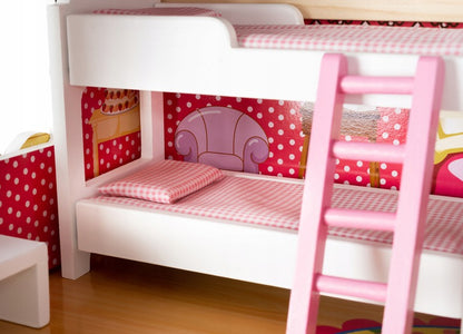 Casuta pentru Papusi XXL din Lemn Natural fara margini, 'Happy House', pe 3 Etaje, 5 Camere,Balcon, Multiple Piese de Mobilier si 4 Figurine Incluse, 90 CM Inaltime, Iluminare LED