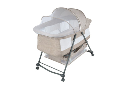 Patut pliabil BABY ELIO idealSTORE, Cadru durabil + Tesatura din bumbac, Saltea reglabila, Include plasa de tantar, cos, Sarcina maxima 10 kg, Bej