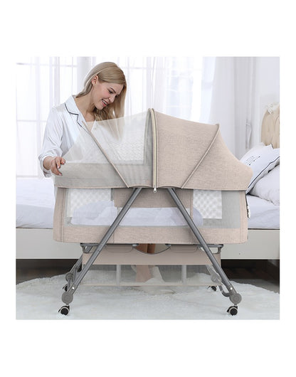 Patut pliabil BABY ELIO idealSTORE, Cadru durabil + Tesatura din bumbac, Saltea reglabila, Include plasa de tantar, cos, Sarcina maxima 10 kg, Bej