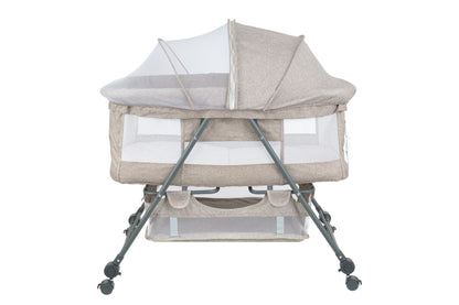 Patut pliabil BABY ELIO idealSTORE, Cadru durabil + Tesatura din bumbac, Saltea reglabila, Include plasa de tantar, cos, Sarcina maxima 10 kg, Bej