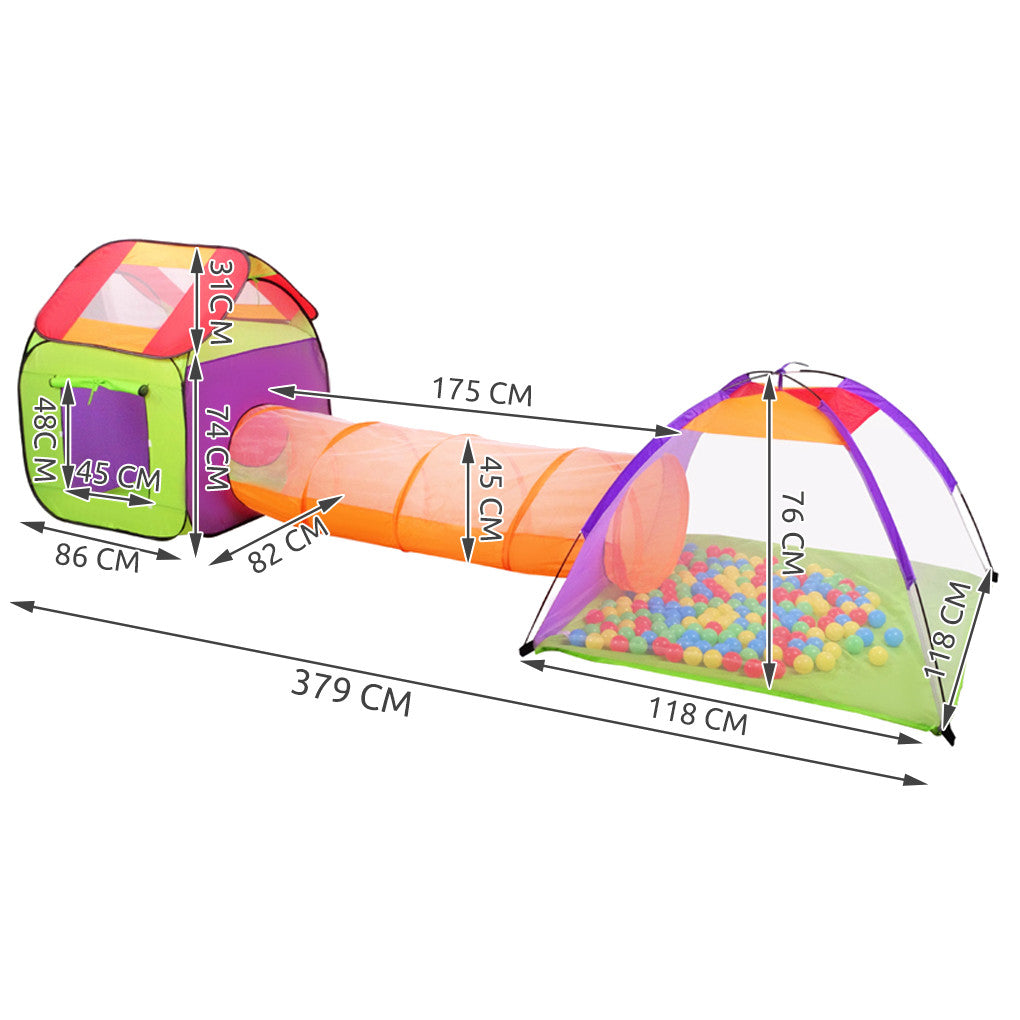 Ansamblu corturi 3 in 1 pentru copii - cort casuta, iglu si tunel, 200 bile
