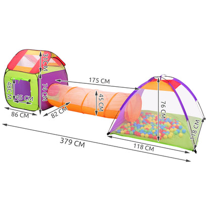 Ansamblu corturi 3 in 1 pentru copii - cort casuta, iglu si tunel, 200 bile
