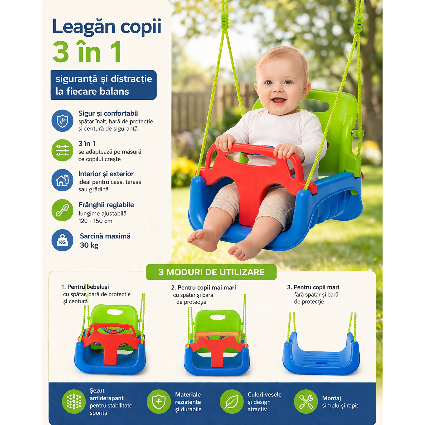 Leagan copii 3 in 1 idealStore pentru interior si exterior cu centura siguranta