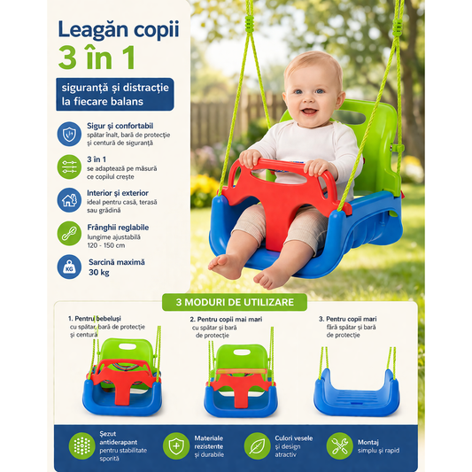 Leagan copii 3 in 1 idealStore pentru interior si exterior cu centura siguranta