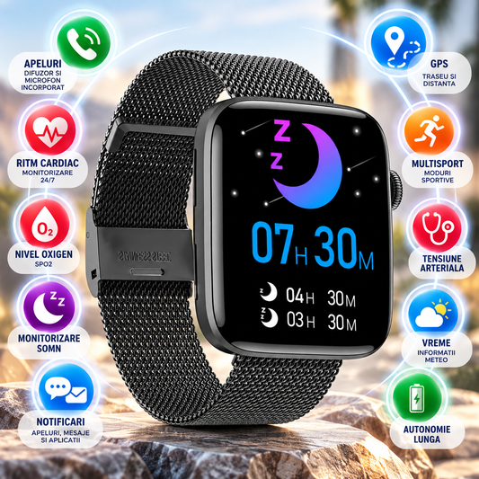 Smartwatch idealStore SportApple, Echipat cu Difuzor si Microfon, Efectuare Apeluri, Traseu GPS, mod multiSport, Senzor Ritm Cardiac, Tensiune, Nivel Oxigen, Ecran Curbat, Curea Metalica Neagra