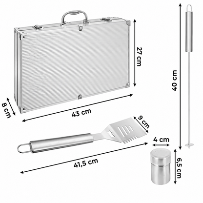 Set 26 ustensile si accesorii pentru gratar GrillMixx idealSTORE, Fabricate din otel inoxidabil, Calitate premium, Cutie de transport inclusa